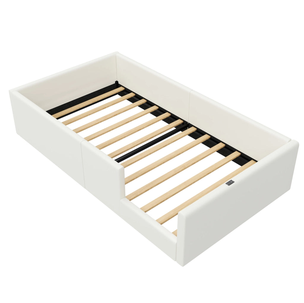 Letto imbottito 90x200 cm con sponde di protezione e stazione di ricarica USB/Type-C bianco