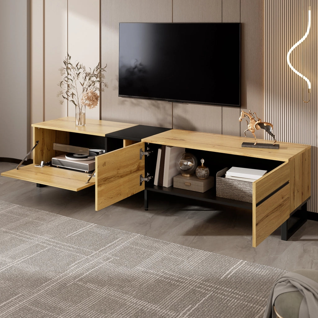 Mobile TV con anta a ribalta vani aperti e due ante in pannello truciolare color legno 180 × 38 × 45 cm
