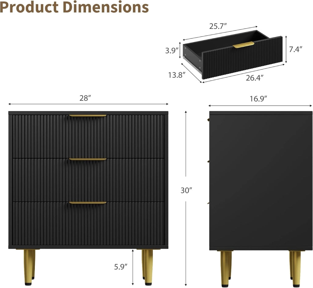 Cassettiera Moderna 3 Cassetti con Frontale Scanalato Maniglie e Piedini in Metallo Dorato 71x43x76cm Nero