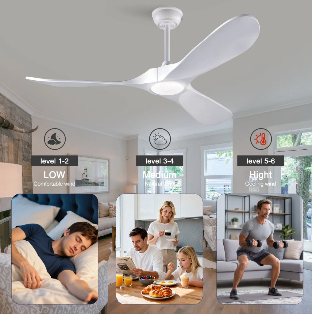 Ventilatore da soffitto ULEVR 52" bianco con LED dimmerabile, 3 pale in legno massello e telecomando