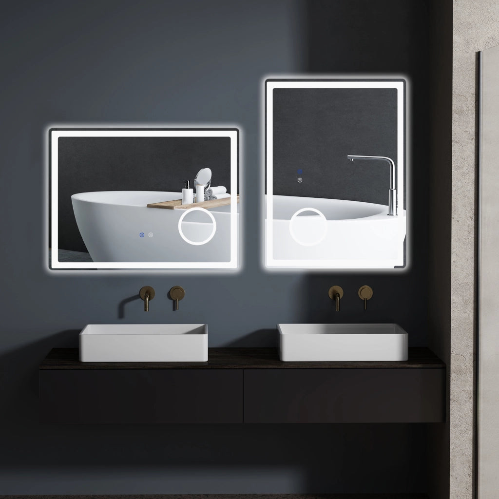 Specchio da bagno a LED con ingrandimento 3x e funzione touch, 80x60 cm, 3 colori di luce, antiappannamento.