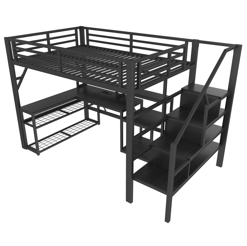 Letto soppalco 140x200 nero con scrivania LED e USB, senza materasso
