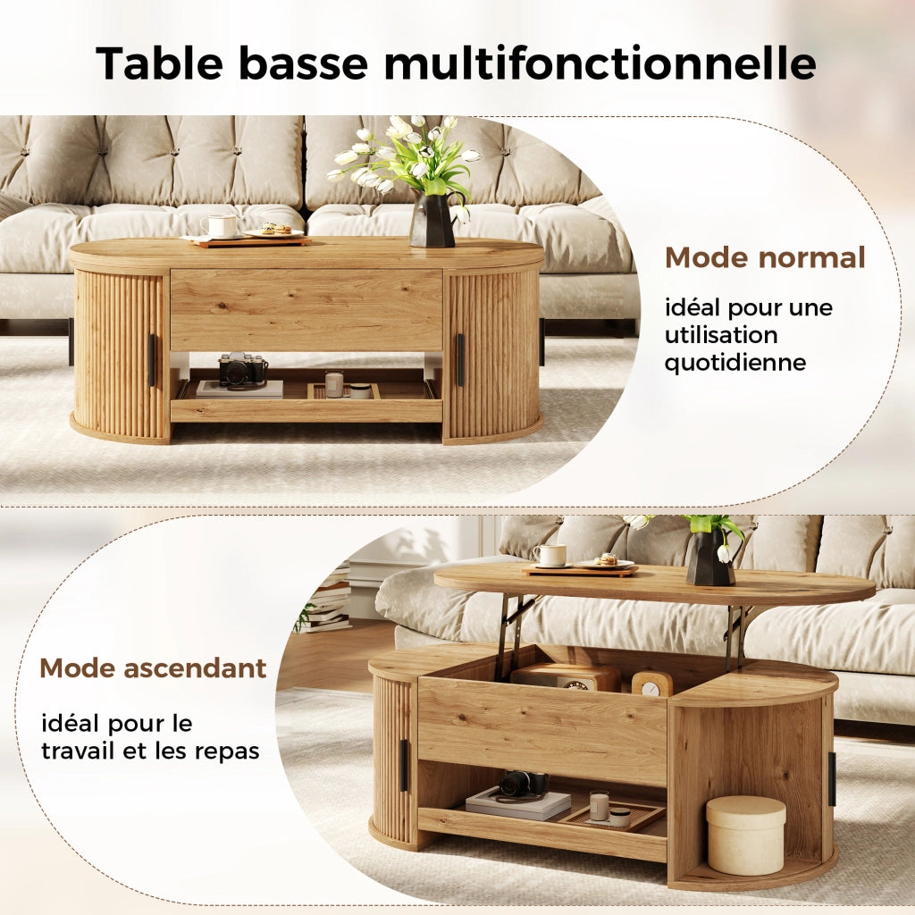 Tavolino basso alzabile con vani nascosti in MDF; ante scorrevoli e ripiano estraibile naturale 110 × 55 × 55 cm