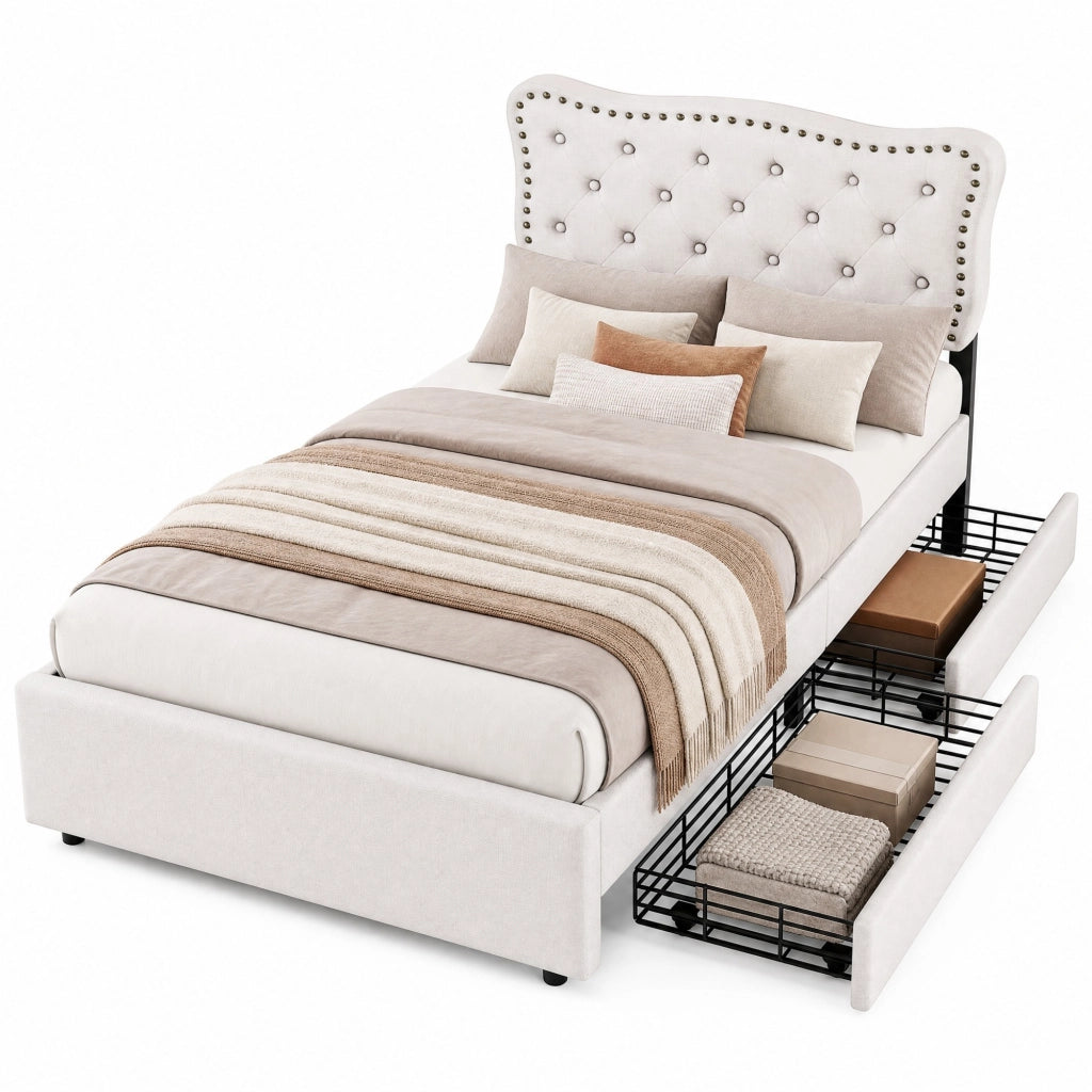 Letto con cassetti 90 × 200 cm imbottito in tessuto di lino MDF beige chiaro testiera regolabile con borchie decorative