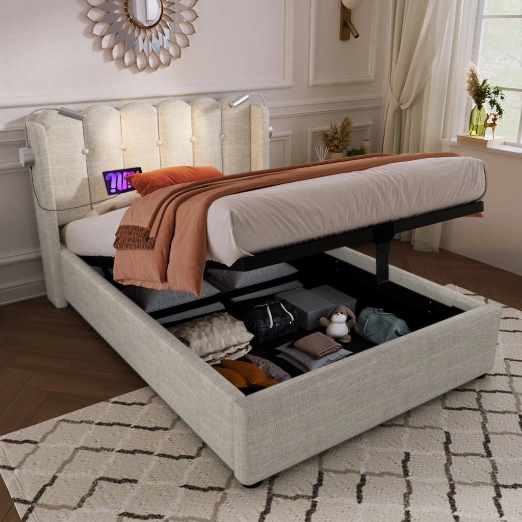 Letto singolo imbottito 90x200 cm con LED USB e contenitore