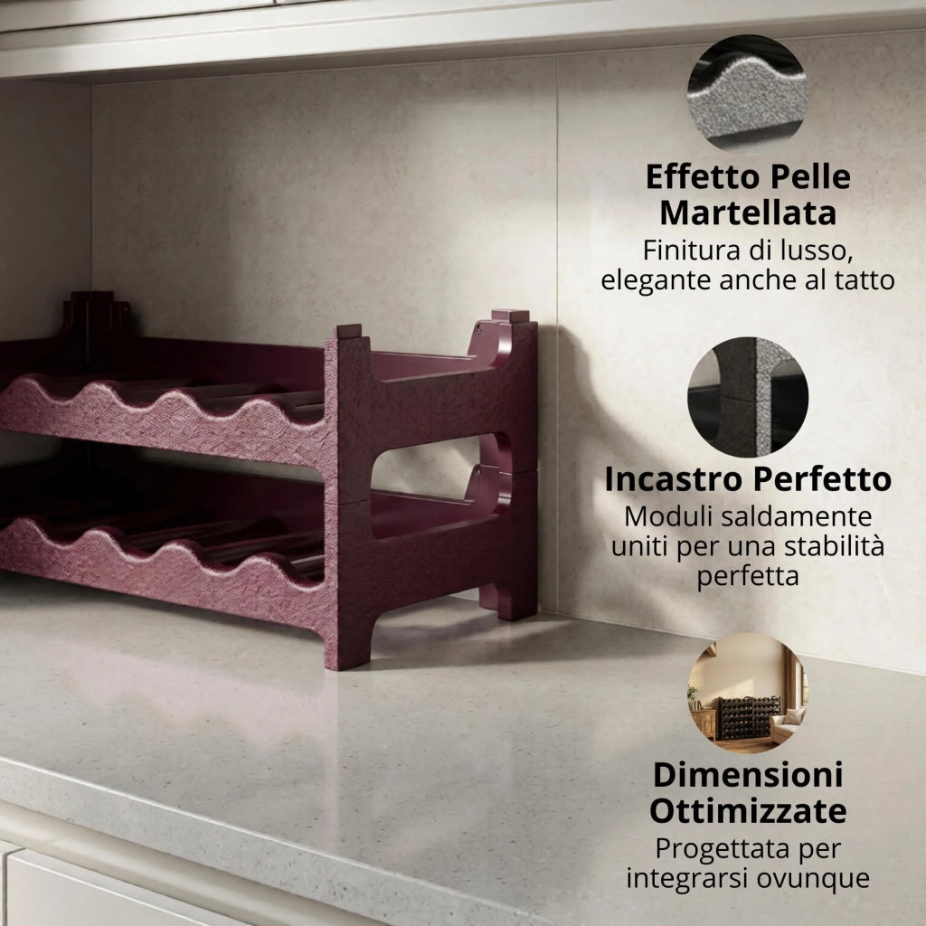 CookandSupply x TheWV Cantinetta Vino in Plastica Modulare Impilabile, Portabottiglie Effetto Pelle Martellata, 6 Bottiglie per Modulo, Scaffale Portavino Salvaspazio - Rosso Burgundy, 72