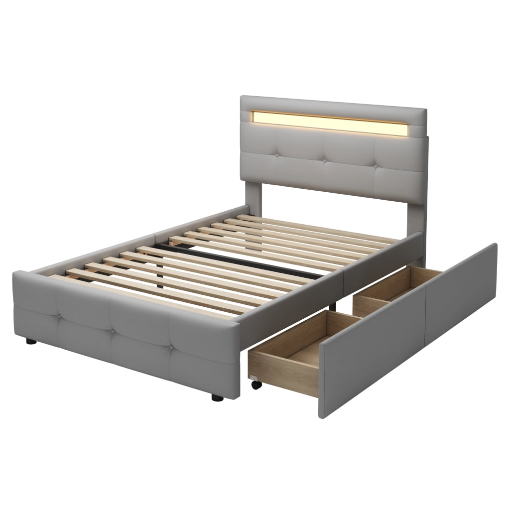 Letto imbottito singolo 90 x 200 cm con luci LED, 2 cassetti e imbottitura in lino, letto piatto per bambini, ragazzi e ospiti - Grigio
