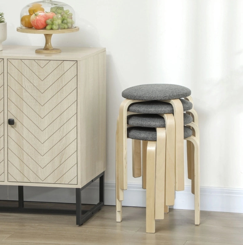 Set di 4 sgabelli impilabili rotondi da cucina in tessuto effetto lino grigio, 40x40x45 cm