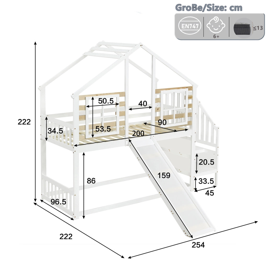 Letto a Castello in Legno Massello Bianco con Scivolo, Finestra e Protezioni di Sicurezza, 90x200 cm