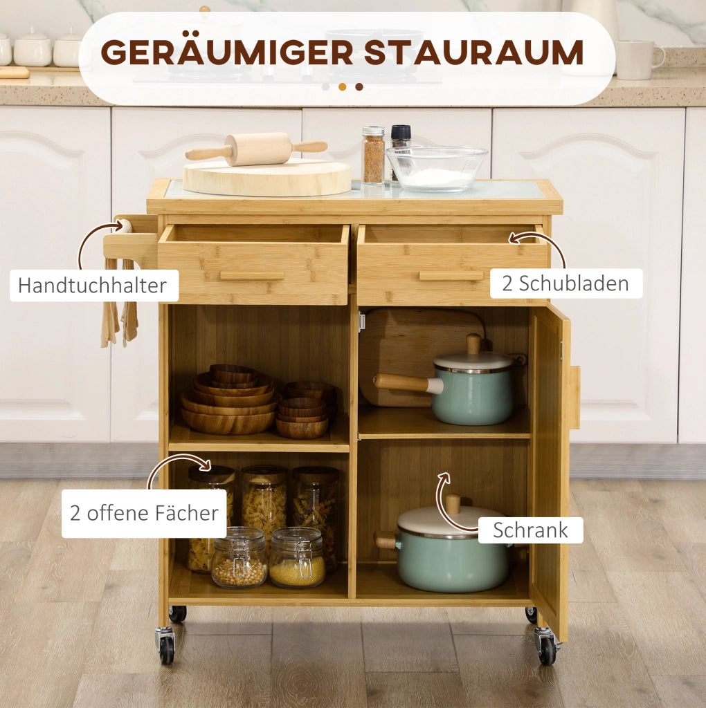 Carrello da cucina in bambù naturale con cassetti, armadietto, ripiani aperti e porta asciugamani, 84x36x85 cm