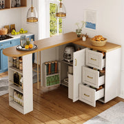 Carrello da cucina allungabile con 2 ante, 3 cassetti e cestello laterale su ruote, MDF bianco, 135-228 × 39 × 104 cm