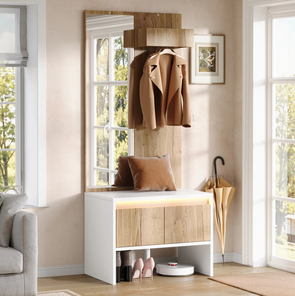 Set appendiabiti con specchio, panca porta scarpe e 2 cassetti, 60×38×145 cm, bianco e naturale