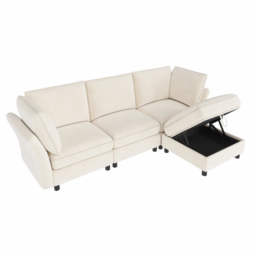 Divano modulare angolare 4 posti in ciniglia beige con pouf contenitore e 2 cuscini