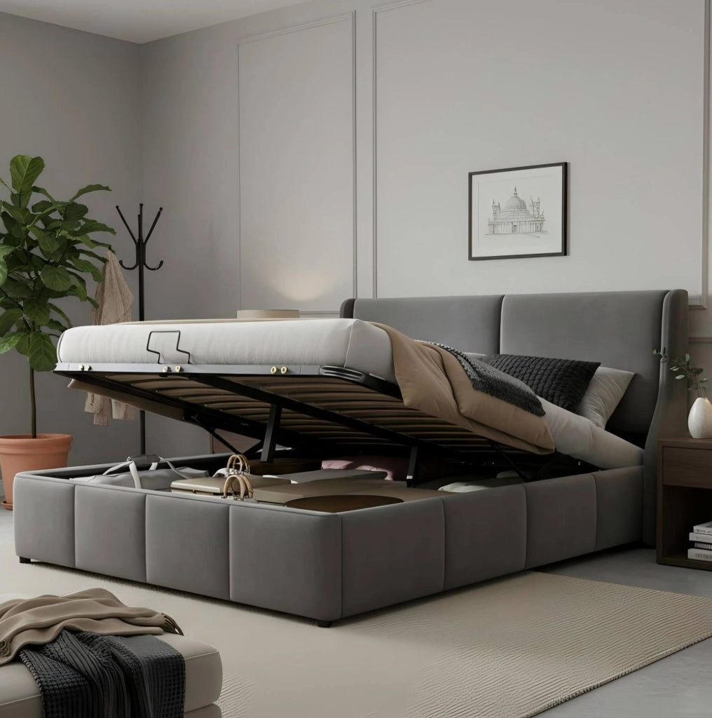 Letto matrimoniale 140x190 cm con contenitore idraulico in velluto; grigio