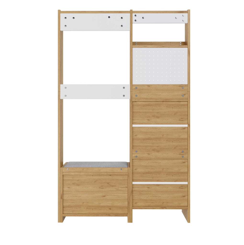 Guardaroba moderno per ingresso con scarpiera, panca imbottita, appendiabiti, cassetto, anta, vano a ribalta e ripiani aperti, rovere/bianco, 108,5 x 35 x 180 cm