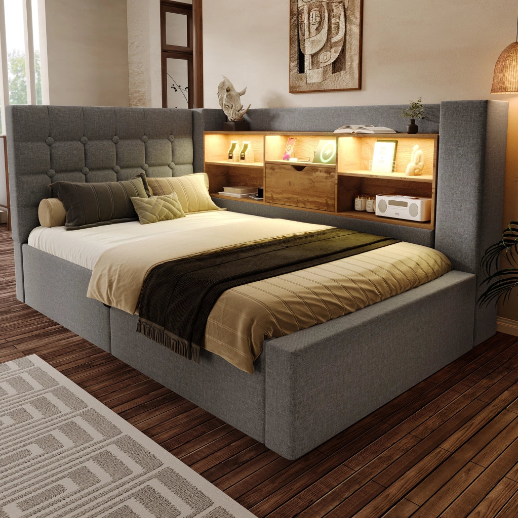 Letto singolo contenitore 90x200 cm con LED e prese USB in lino grigio HOMVRA