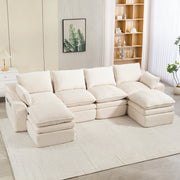 Divano modulare 4 posti in velluto a coste beige 335 cm con pouf e tasche laterali