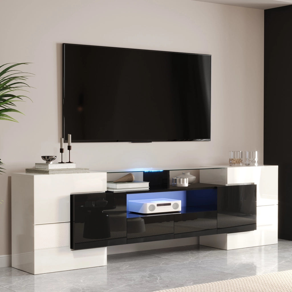 Mobile TV moderno 200x35x60 cm con LED multicolore; 6 ante e 2 cassetti bianco e nero