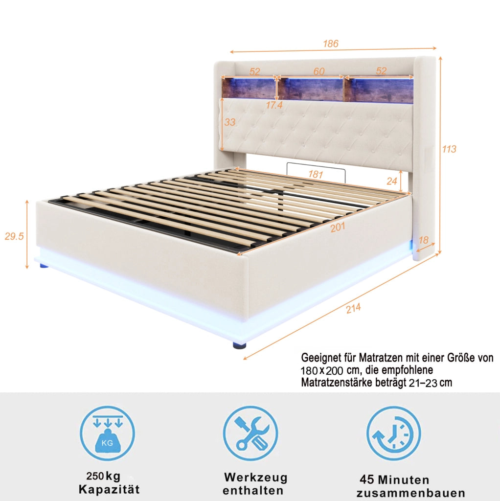 Letto matrimoniale imbottito 180x200 cm con LED, USB e contenitore idraulico, beige
