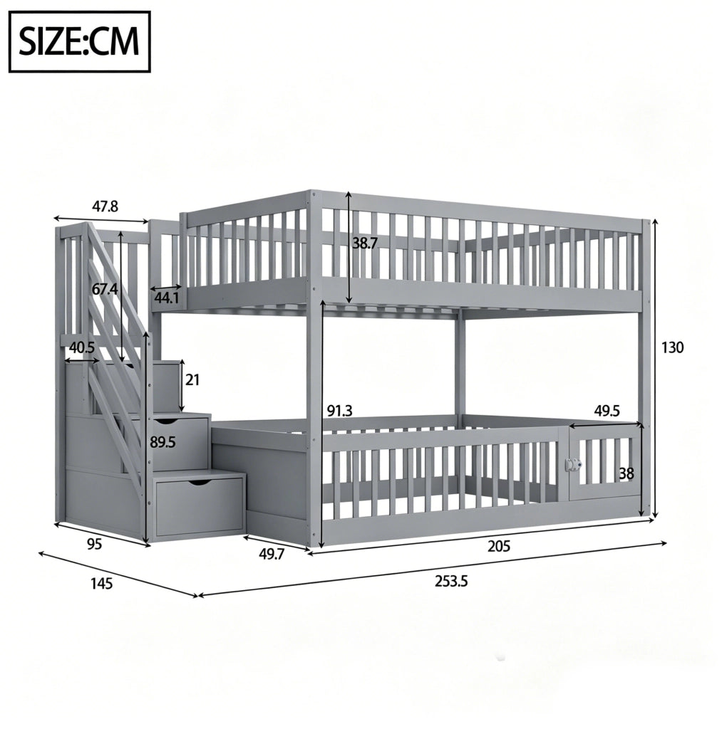 Letto a castello 140x200 cm grigio in legno con scala contenitore e porta apribile