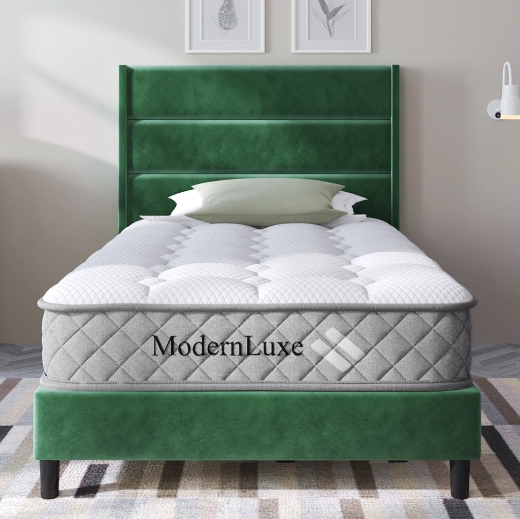 Letto singolo 90x200 in velluto verde scuro con testiera e materasso
