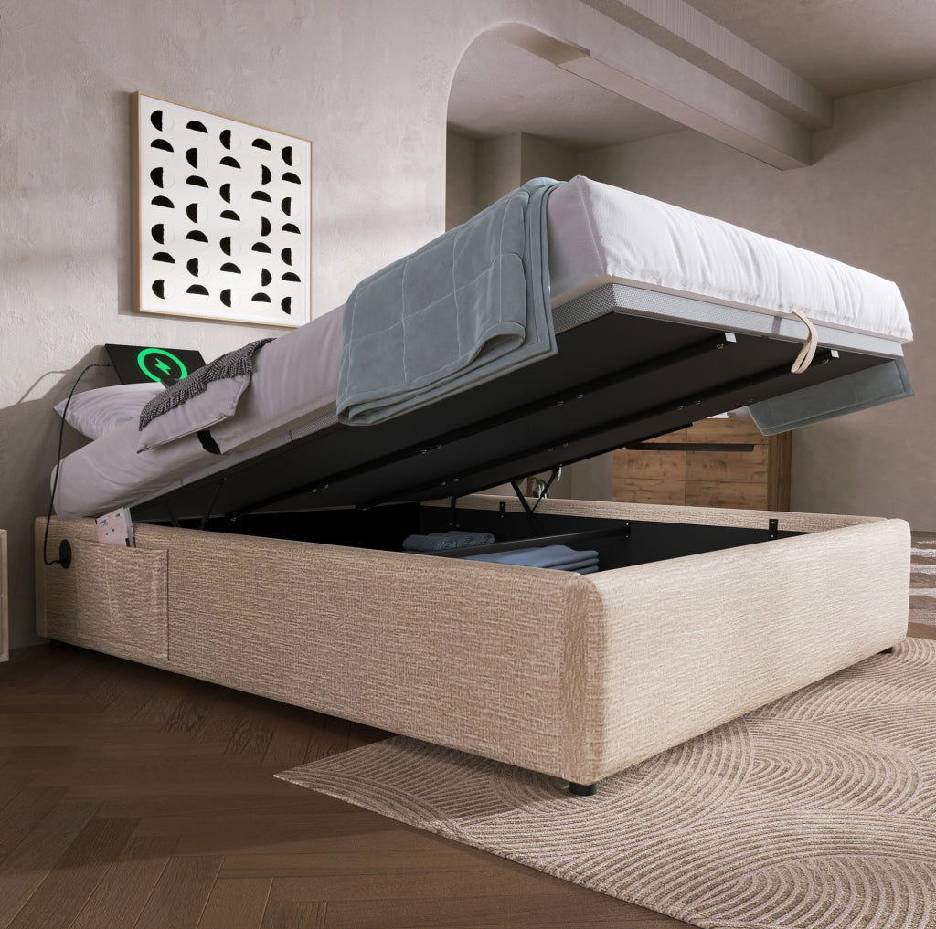Letto matrimoniale contenitore 160x200 cm senza testiera in lino beige e naturale con USB-C HOMVRA