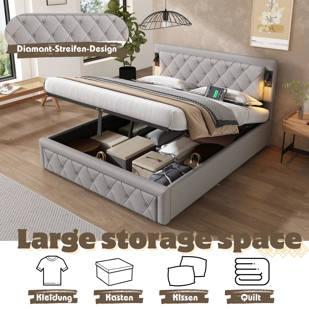 Letto matrimoniale contenitore imbottito in lino grigio con testiera a rombi luci e porte USB