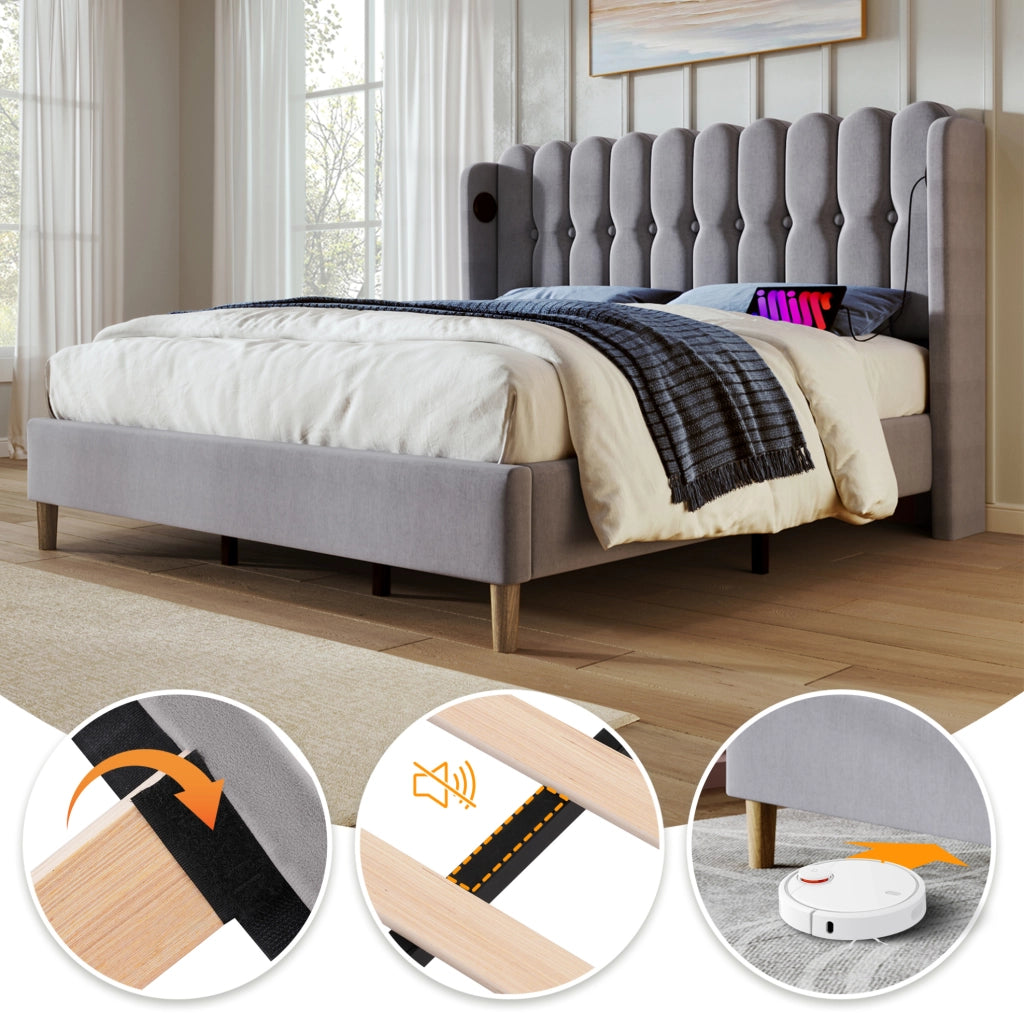 Letto matrimoniale imbottito grigio con funzione di ricarica USB Tipo C, struttura 180x200 cm in lino, con rete a doghe