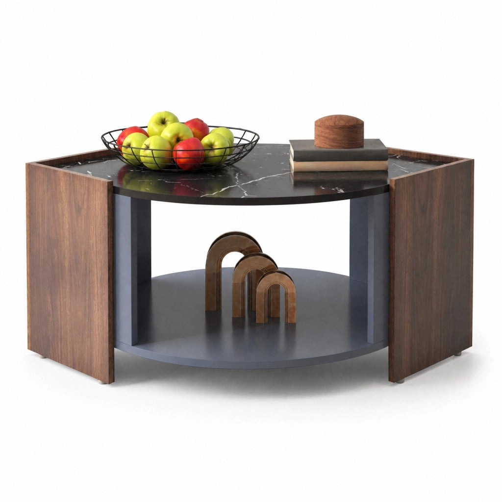 Tavolino da soggiorno con vano contenitore 96;5x63x40 cm; effetto marmo nero e noce