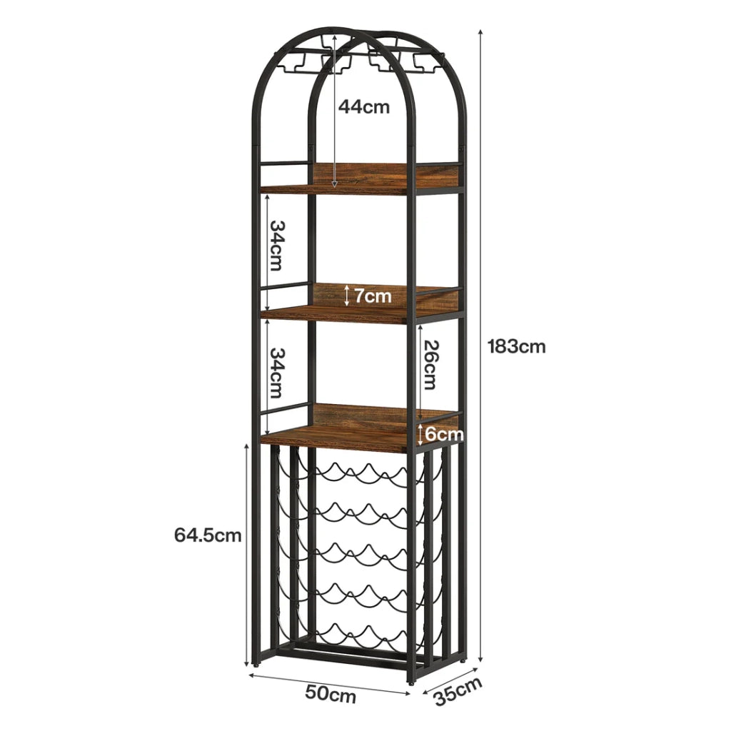 Portabottiglie da terra per 30 bottiglie con ripiano in MDF e acciaio nero marrone rustico 183 × 50 × 35 cm
