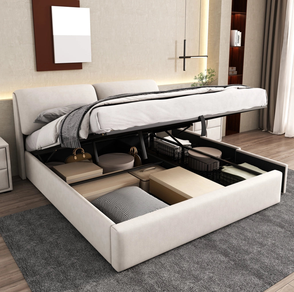 Letto imbottito 180x200 cm con contenitore idraulico, 3 cassetti e testiera in velluto beige, senza materasso