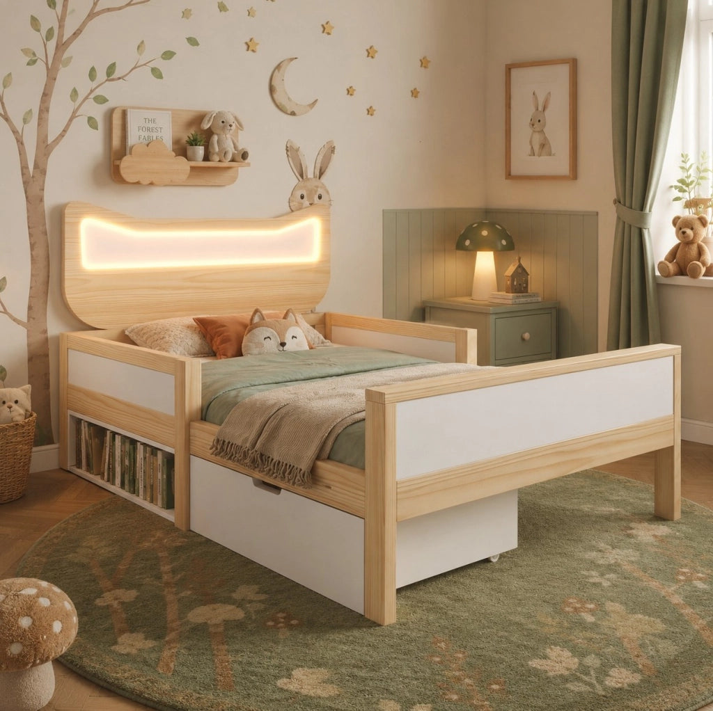 Letto per bambini 90x190 cm con testiera a orecchie di gatto, illuminazione LED RGB, doghe e cassetto flessibile montabile a sinistra o destra, bianco e rovere, senza materasso