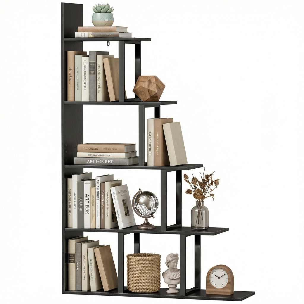 Scaffale libreria a scala 5 ripiani divisorio per ambienti stile industriale robusto e moderno per casa nero 102 x 30 x 160 cm