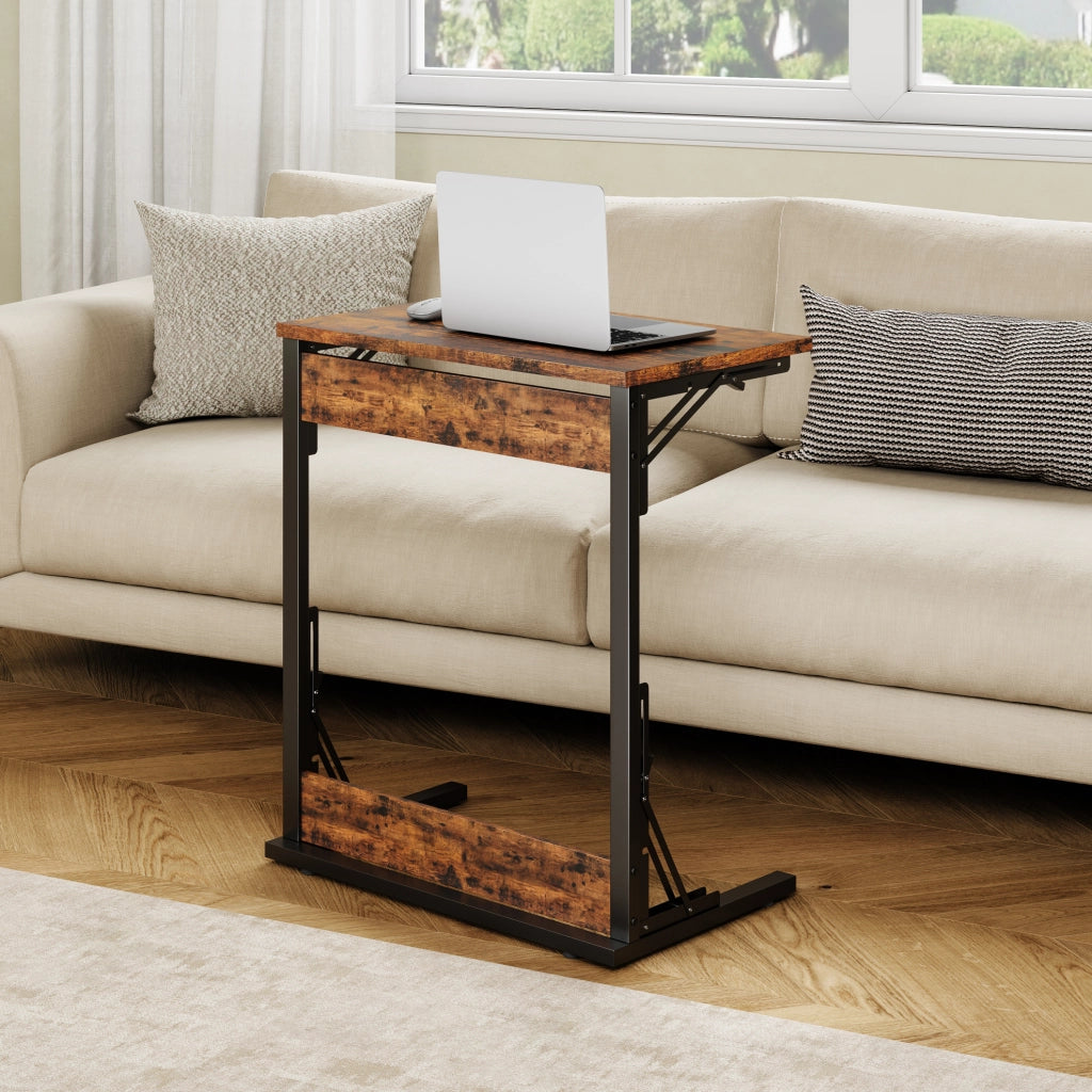 Tavolino a C pieghevole 60x37x71 cm in metallo e pannello effetto legno rustico HOMVRA