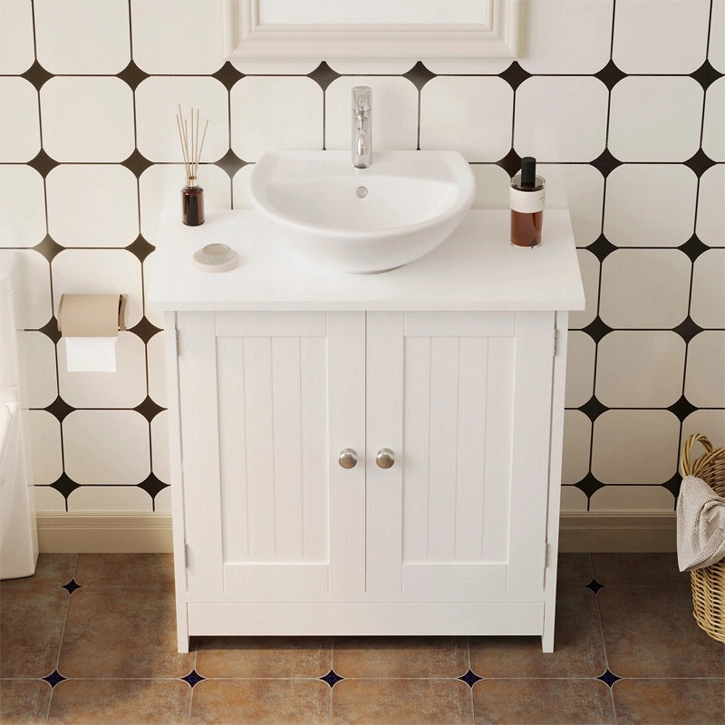 Mobiletto da bagno bianco con ante, ripiani in legno e mensola 60 cm