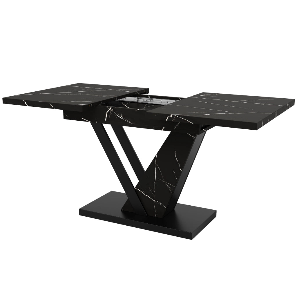 Tavolo da pranzo allungabile 120-160x75 cm, piano effetto marmo nero, MDF e metallo, 4-6 posti