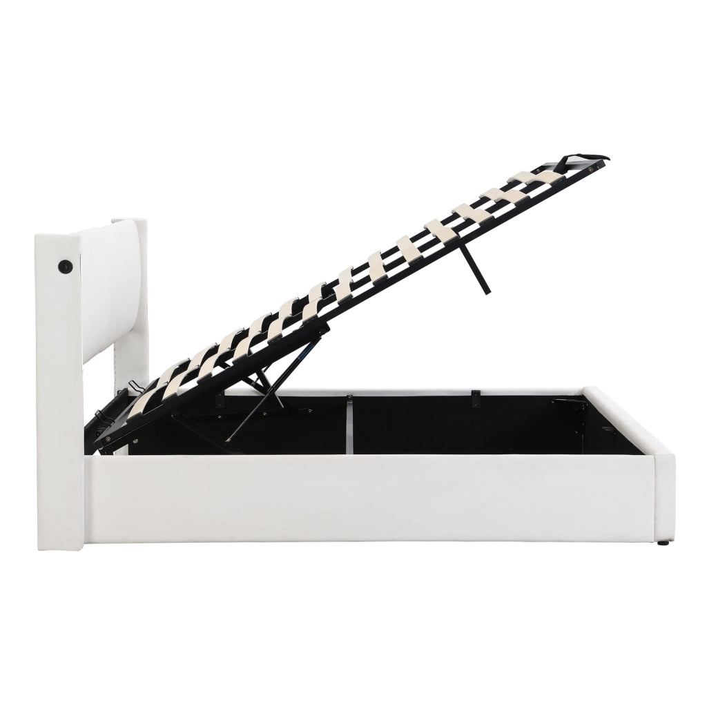 Letto con contenitore 140x190 cm in PU bianco con LED e USB