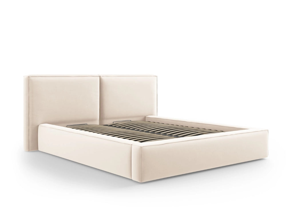 Cosmopolitan Design - Letto a cassettone con testiera doppia "Arendal" 180x200cm in velluto beige chiaro 