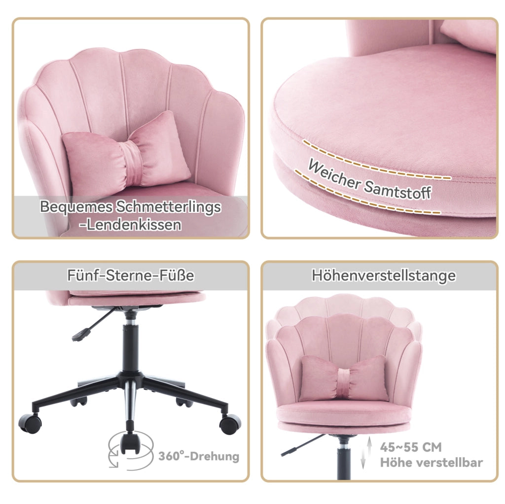 Sedia da scrivania girevole regolabile 55x62x73-83 cm in velluto rosa con cuscino lombare
