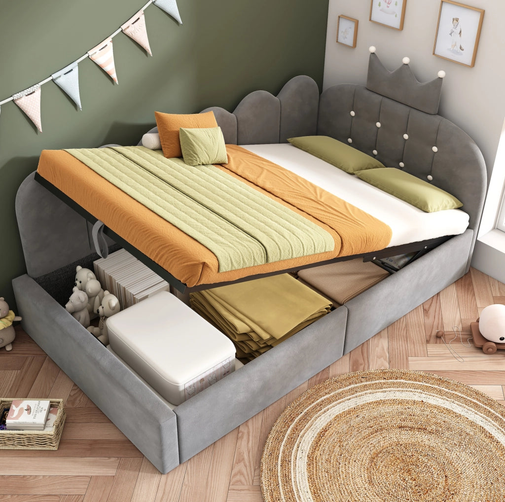 Letto da giorno 90x200 grigio in velluto con contenitore idraulico
