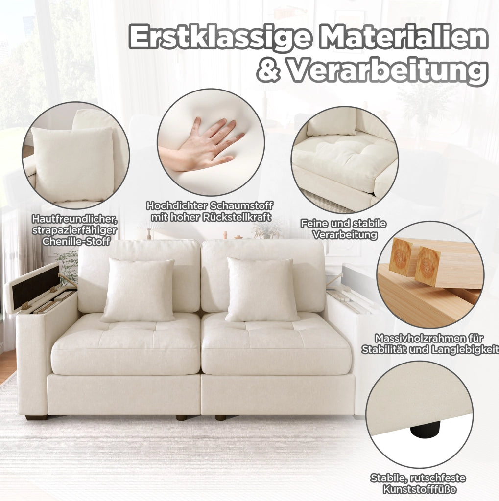 Divano 2 posti in chenille beige con contenitore nei braccioli, tasche laterali e 2 cuscini