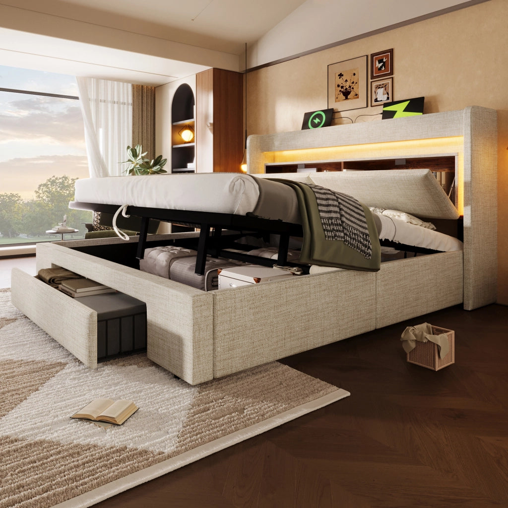 Letto contenitore 180 × 200 cm con testiera portaoggetti LED USB e USB-C in lino beige