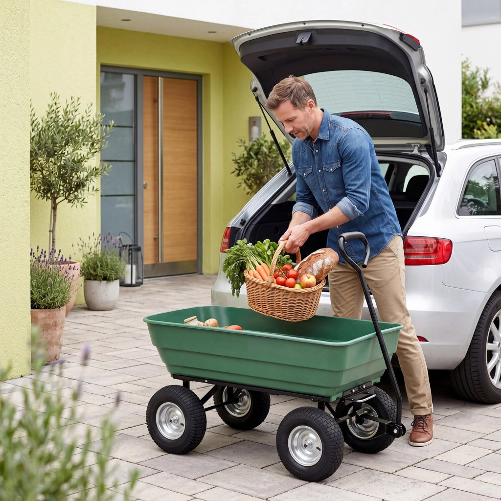 Carrello da giardino 125 l  con vasca ribaltabile manico regolabile e ruote pneumatiche, Carrello a mano in metallo portata 410 kg