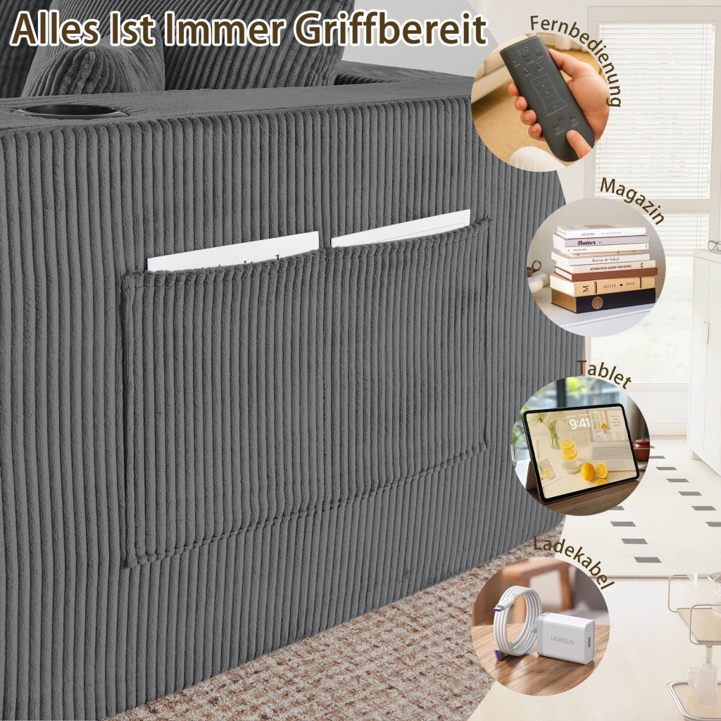 Divano angolare modulare 230x138x75 cm; 3 L - seater con pouf mobile; velluto a coste; portabicchieri; tasca laterale e cuscini; grigio