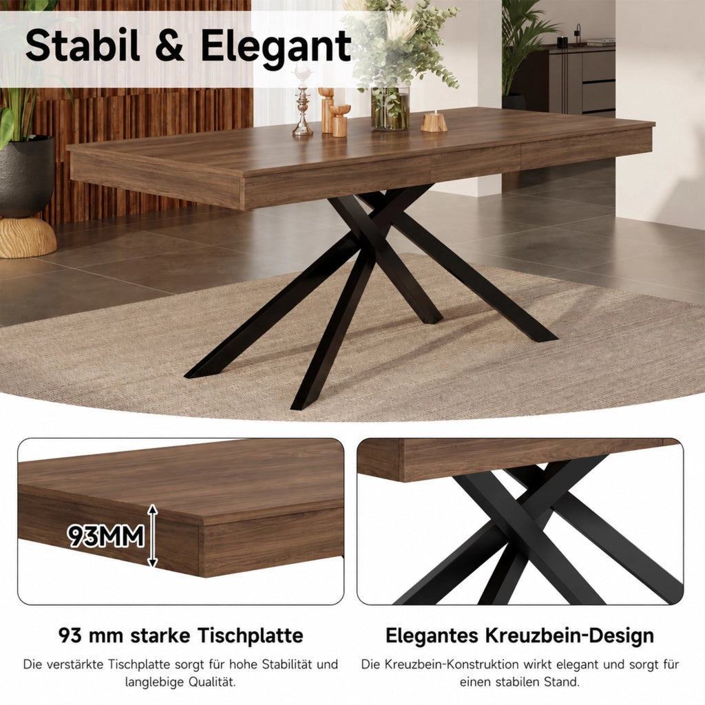 Tavolo da Pranzo Allungabile 140-180x80 cm 6-8 Posti LEMONMAX; Piano MDF Spesso; Gambe Incrociate in Metallo; Finitura Effetto Noce; H 76 cm