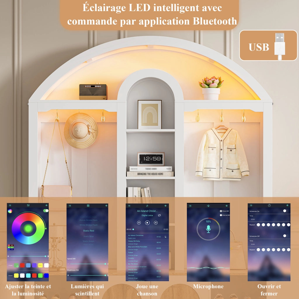 Mobile da ingresso con 2 Ante; 5 Vani; Ganci e LED per Ingresso in MDF 150 × 40 × 195 cm Bianco