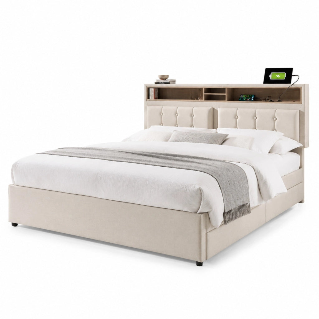 Letto matrimoniale imbottito 140 × 200 cm con 4 cassetti prese USB C testiera regolabile in lino beige