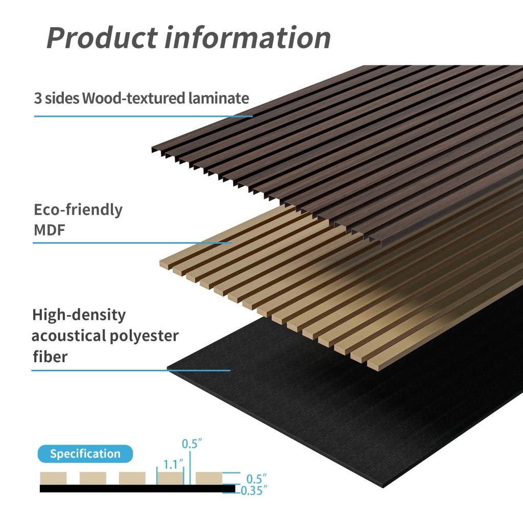 Pannello acustico a doghe 3D 4 pezzi in MDF e fibra di poliestere color noce per pareti e soffitti 120 × 60 cm