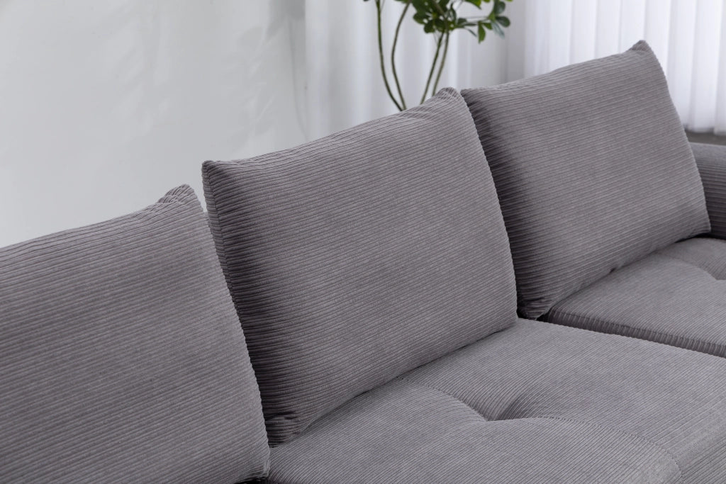 Divano angolare modulare senza telaio in tessuto a coste grigio scuro con pouf scorrevole e seduta profonda 63 cm