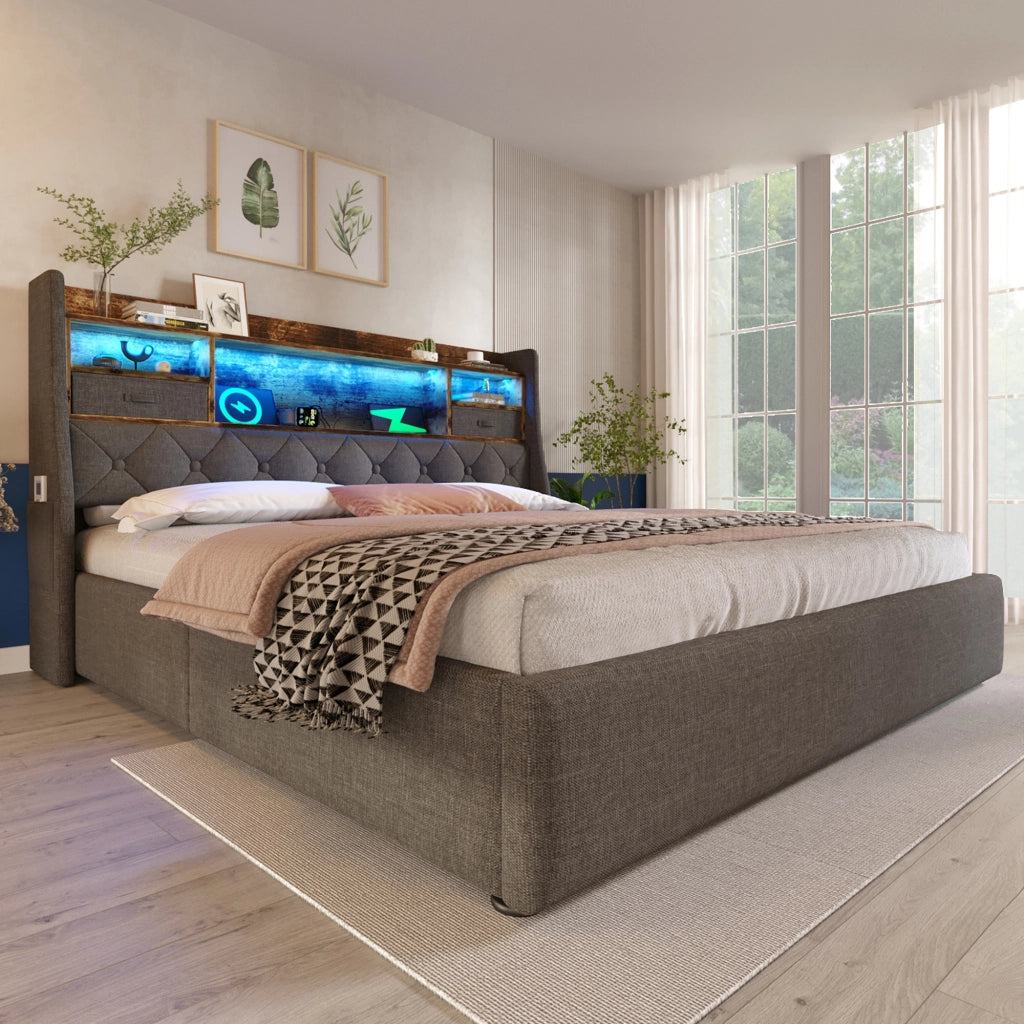 Letto contenitore 140 × 200 cm con LED e ricarica USB Type-C rivestito in lino grigio con materasso